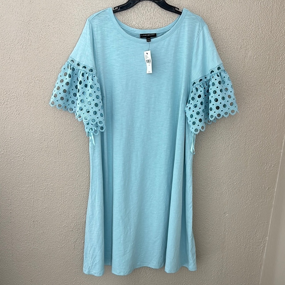 Lane Bryant Dress Womens 18/20 2X Knee Length Shift Pullover Crochet Sleeve Blue